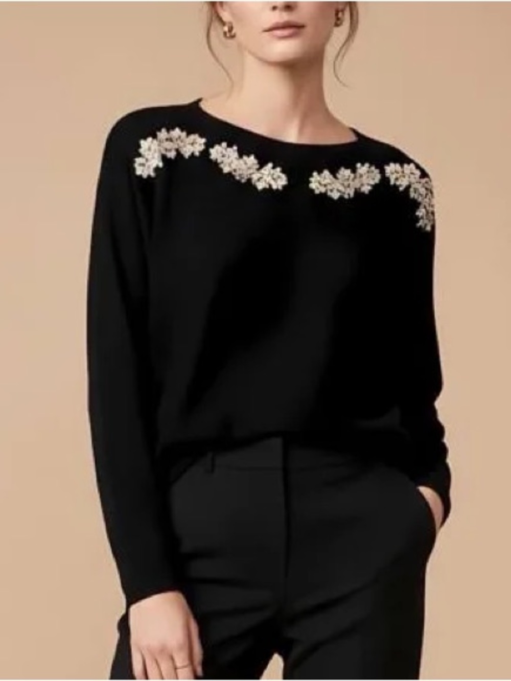 Black Crewneck Sweater with Pearl Floral Embellishment